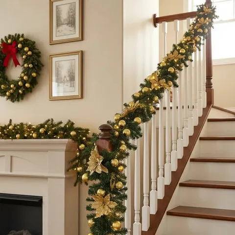 BOXED 270CM LIGHTED FAUX POINSETTIA GARLAND