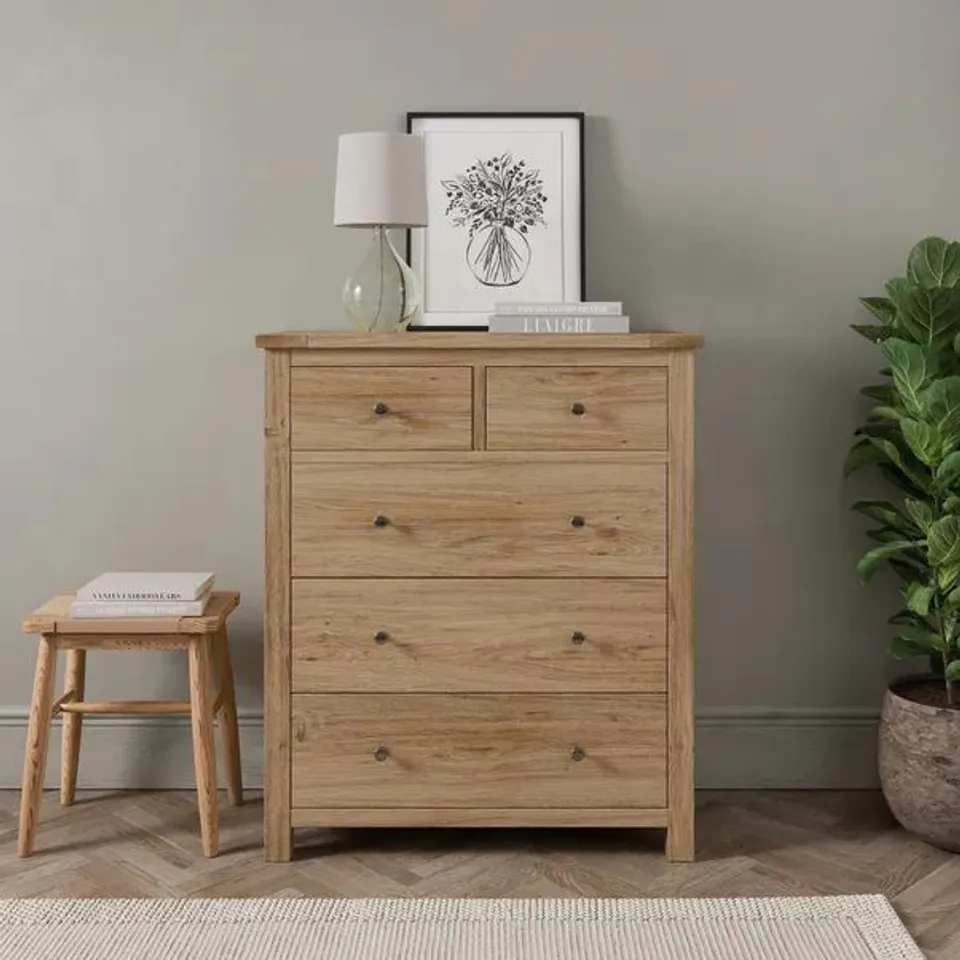 BOXED OLNEY 5 DRAWER CHEST - OAK (1 BOX)