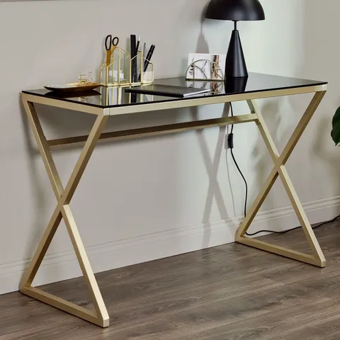 BOXED HEMATITE GLASS TOP METAL BASE WRITING DESK (1 BOX)