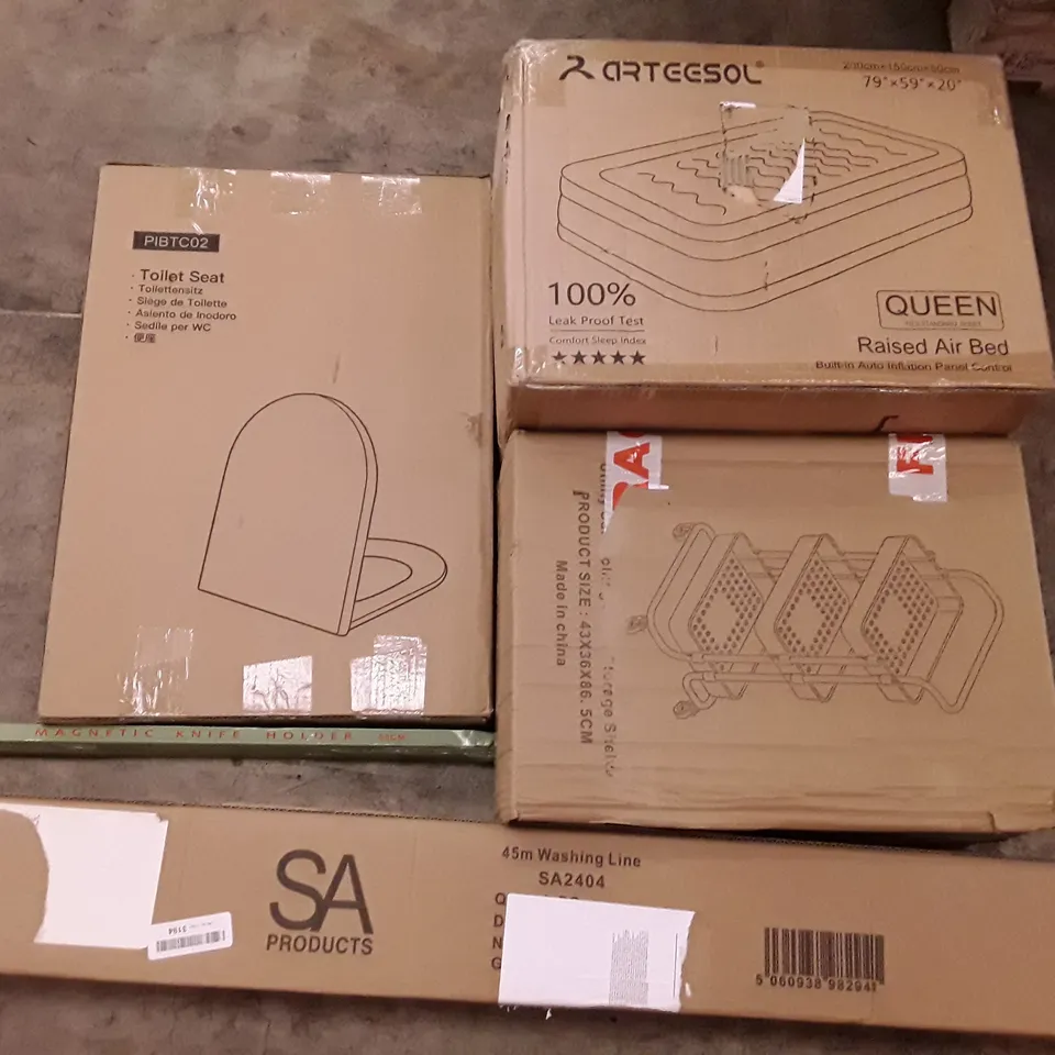 PALLET OF ASSORTED PRODUCTS INCLUDING TOILET SEAT, QUEEN RAISED AIR BED, 45M WASHING LINE, 3 TIER UTILITY CART, MAGNETIC KNIFE HOLDER