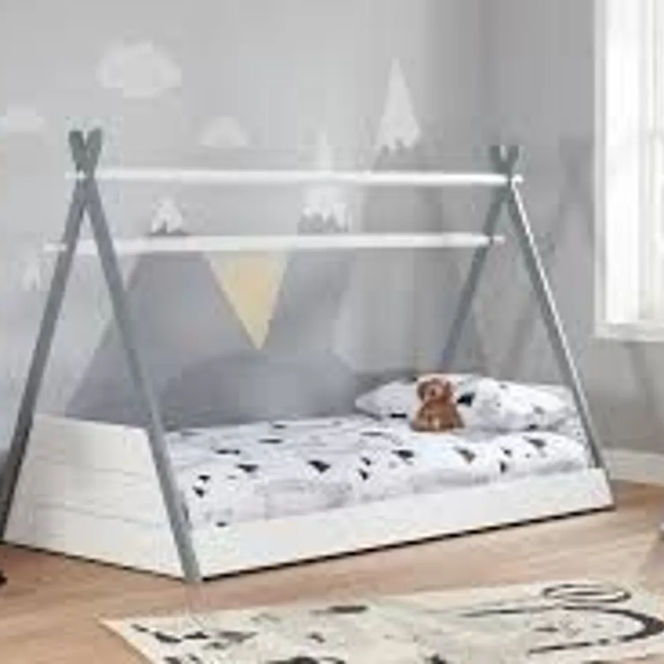 BOXED TEEPEE SINGLE WHITE CHILDRENS BED FRAME - WHITE & GREY (1 BOX)