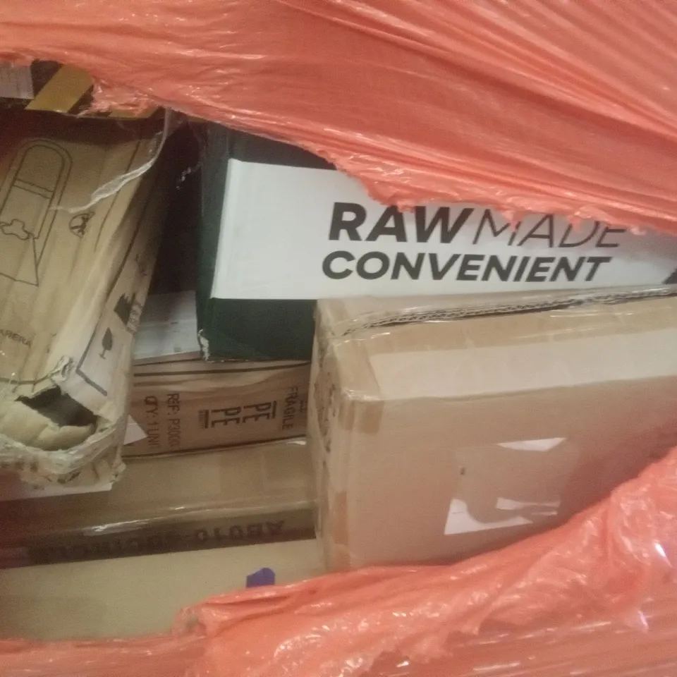 PALLET OF ASSORTED ITEMS INCLUDING PINK DESK CHAIR, PEPE BATH GRAB RAIL, AIR FRYER