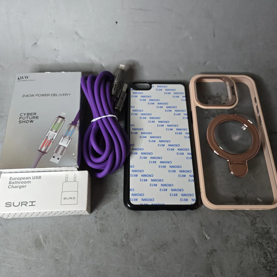 APPROXIMATELY 15 ASSORTED ITEMS TO INCLUDE - EUROPEAN USB BATHROOM CHARGER SURI, PHONE CASES ETEC