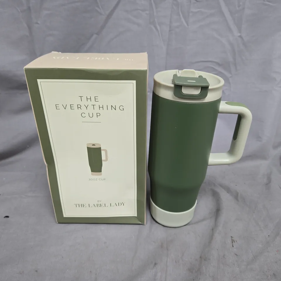 THE EVERYTHING CUP TRAVEL MUG 30OZ – GREEN WITH WHITE LID, BY THE LABEL LADY
