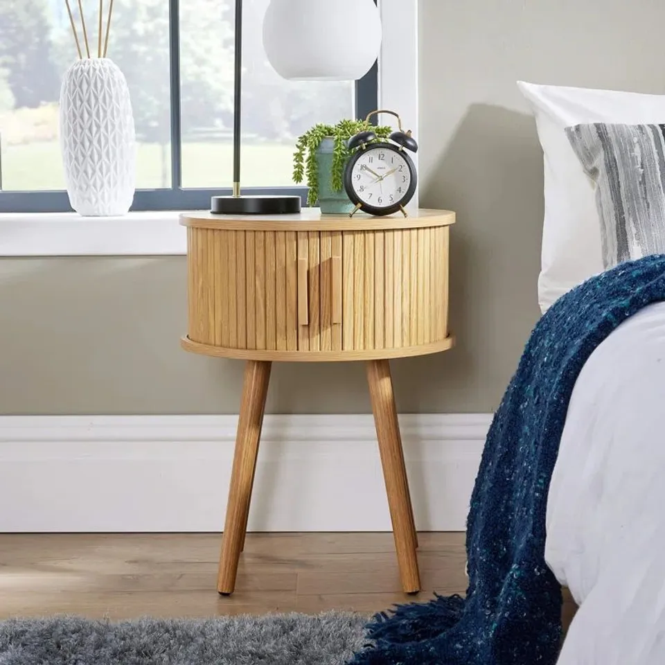 BOXED CHAHNA SLIDE OPENING ROUND BEDSIDE TABLE UNIT - NATURAL (1 BOX)