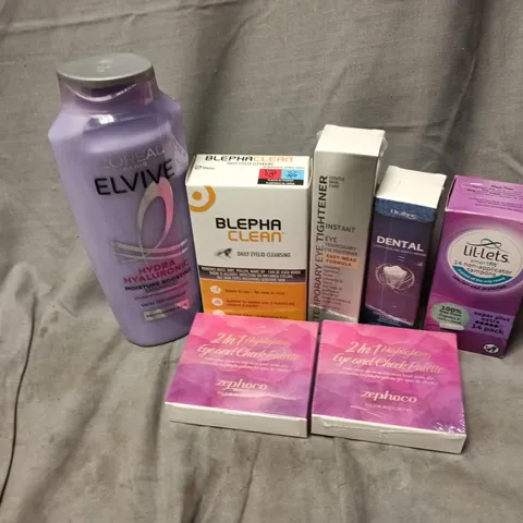 APPROXIMATELY 20 ASSORTED COSMETICS ITEMS TO INCLUDE LOREAL ELVIVE SHAMPOO, EYE AND CHEEK PALETTE, BLEPHA CLEAN, ETC