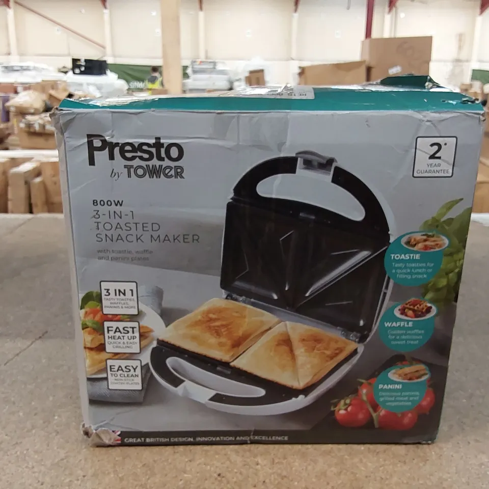 BRAND NEW BOXED PRESTO TOWER 800W 3-IN-1 TOASTED SNACK MAKER (1 BOX)