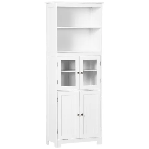 BOXED HOMCOM FREESTANDING KITCHEN CUPBOARD, 4-DOOR STORAGE CABINET WITH ADJUSTABLE SHELF AND GLASS DOORS FOR DINING ROOM, LIVING ROOM - WHITE (1 BOX)
