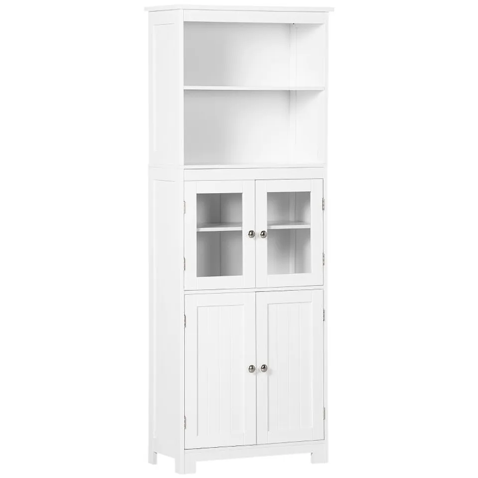 BOXED HOMCOM FREESTANDING KITCHEN CUPBOARD, 4-DOOR STORAGE CABINET WITH ADJUSTABLE SHELF AND GLASS DOORS FOR DINING ROOM, LIVING ROOM - WHITE (1 BOX)