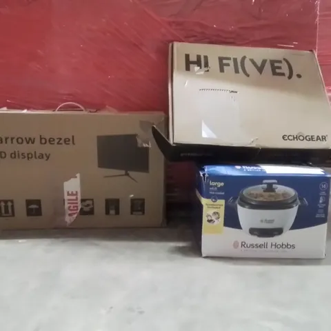 PALLET OF ASSORTED HOUSEHOLD GOODS AND PRODUCTS TO INCLUDE;DOOR LOCK MORTISER KIT,RICE COOKER,MONITOR,SATELLITE SPEAKER STAND