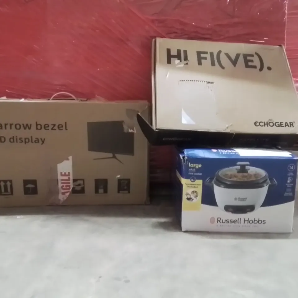 PALLET OF ASSORTED HOUSEHOLD GOODS AND PRODUCTS TO INCLUDE;DOOR LOCK MORTISER KIT,RICE COOKER,MONITOR,SATELLITE SPEAKER STAND