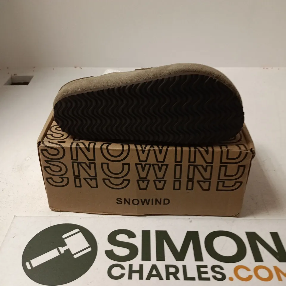 BOXED PAIR OF SNOWIND SUEDE CLOGS IN TAUPE - SIZE 36