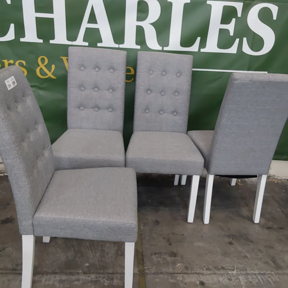 SET OF FOUR UPHOLSTERED BUTTONED BACK DINING CHAIRS GREY FABRIC ON WHITE LEGS