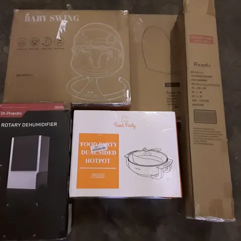 PALLET OF ASSORTED PRODUCTS INCLUDING BABY SWING, TOILET SEAT, CHAIR MAT, HOT POT, ROTARY DEHUMIDIFIER