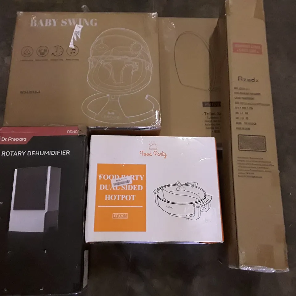 PALLET OF ASSORTED PRODUCTS INCLUDING BABY SWING, TOILET SEAT, CHAIR MAT, HOT POT, ROTARY DEHUMIDIFIER 