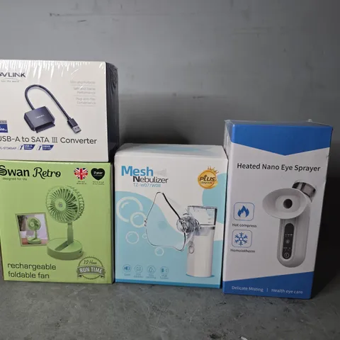 APPROXIMATELY 9 ASSORTED ITEMS TO INCLUDE -  WAVLINK USB-A TO SATA III CONVERTER , MESH NEBULIZER , SWAN RETRO FAN ETC