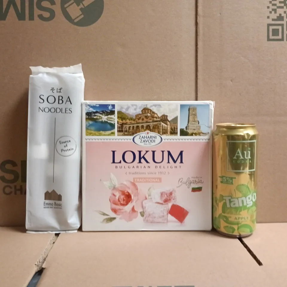 APPROXIMATELY 8 ASSORTED FOOD AND DRINK ITEMS TO INCLUDE SOBA NOODLES, LOKUM BULGARIAN DELIGHT, TANGO AU VODKA, ETC