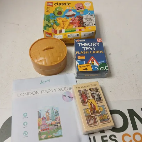 APPROXIMATELY 10 ASSORTED TOYS AND GAMES TO INCLUDE CLASSIC LEGO, FLASH CARDS, TAROT CARDS ETC