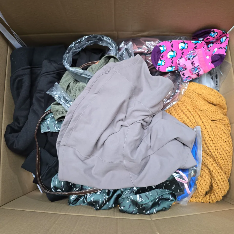 APPROXIMATELY 35 ASSORTED CLOTHING ITEMS IN VARIOUS SIZES, STYLES & COLOURS TO INCLUDE HANDBAG, TOP, DRESS, ETC - COLLECTION ONLY