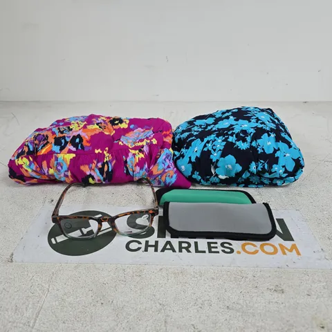 BOX OF APPROXIMATELY 20 ASSORTED ITEMS TO INCLUDE DANNII MINOGUE DRESSES OF VARIOUS STYLES, HUMMINGBIRD ASSORTED READING GLASSES ETC