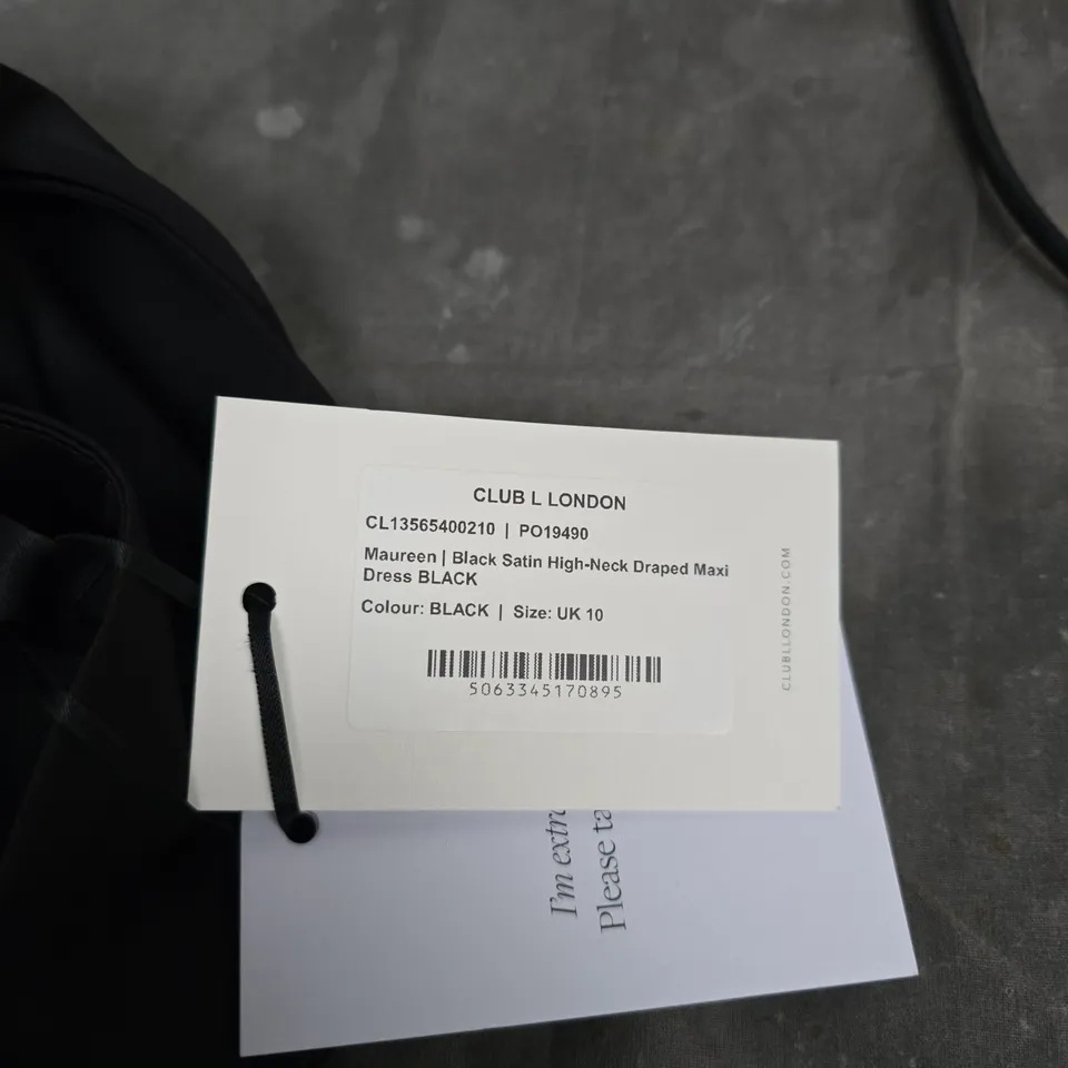 CLUB L LONDON MAUREEN BLACK SATIN HIGH-NECK DRAPED MAXI DRESS – UK 10