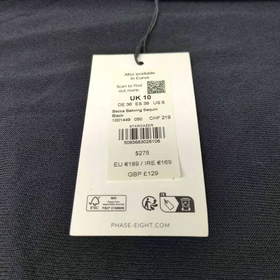 PHASE EIGHT BECCA BATWING SEQUIN TOP – BLACK WITH TEAL SEQUINS, UK 10