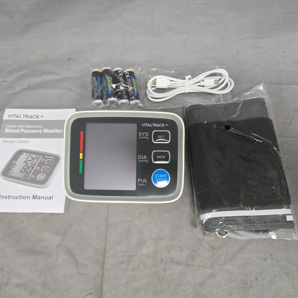 VITALTRACK UPPER ARM BLOOD PRESSURE MONITOR – BOXED WITH CUFF, BATTERIES & USB CABLE (MODEL UBOEH)