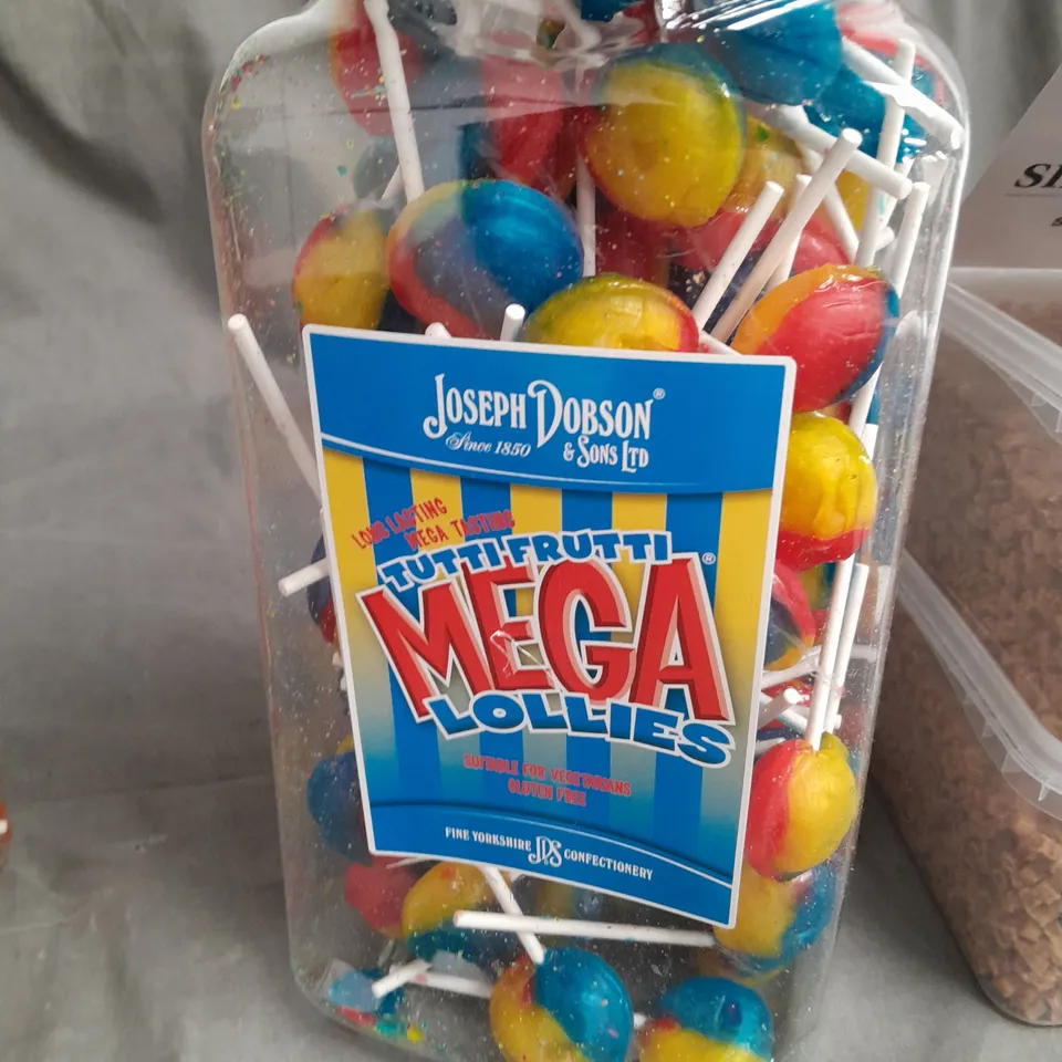 LOT OF 4 TUBS OF SWEETS INCLUDES MEGA LOLLIES AND CARAMEL FUDGE