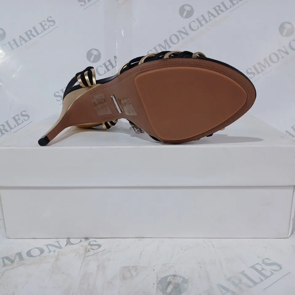 BOXED PAIR OF REISS CASSIDY STRAPPY HEELS IN BLACK/GOLD UK SIZE 4