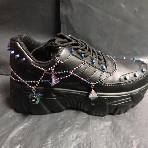 BOXED PAIR OF KOI BLACK PLATFORM SNEAKERS WITH MULTICOLOUR BEAD EMBELLISHMENT - UK SIZE 6