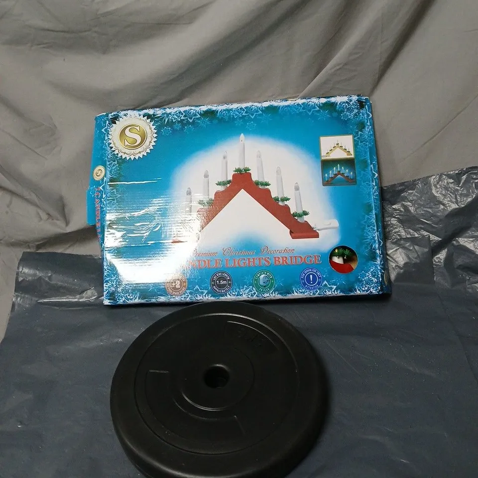 CAGE OF APPROXIMATELY 15 ASSORTED ITEMS TO INCLUDE FITNESS WEIGHTS, CANDLE LIGHTS BRIDGE ETC