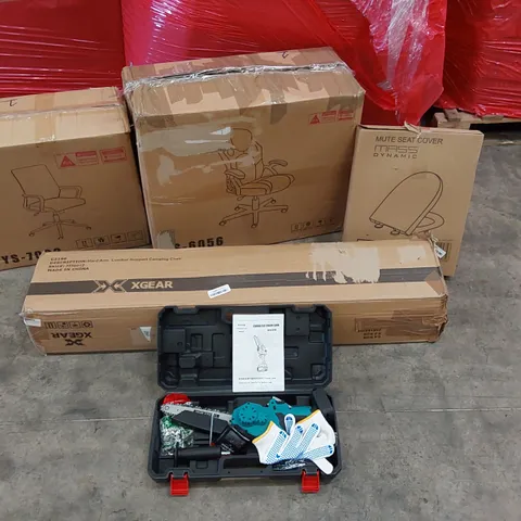 PALLET OF ASSORTED CONSUMER PRODUCTS TO INCLUDE; OFFICE AND GAMING CHAIRS, CAMPING CHAIR, CORDLESS CHAINSAW, TOILET SEAT 