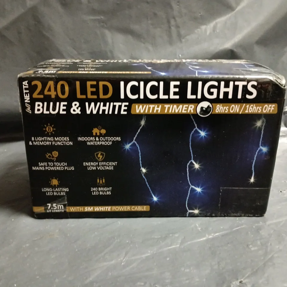 240 LED ICICLE LIGHTS BLUE & WHITE WITH TIMER