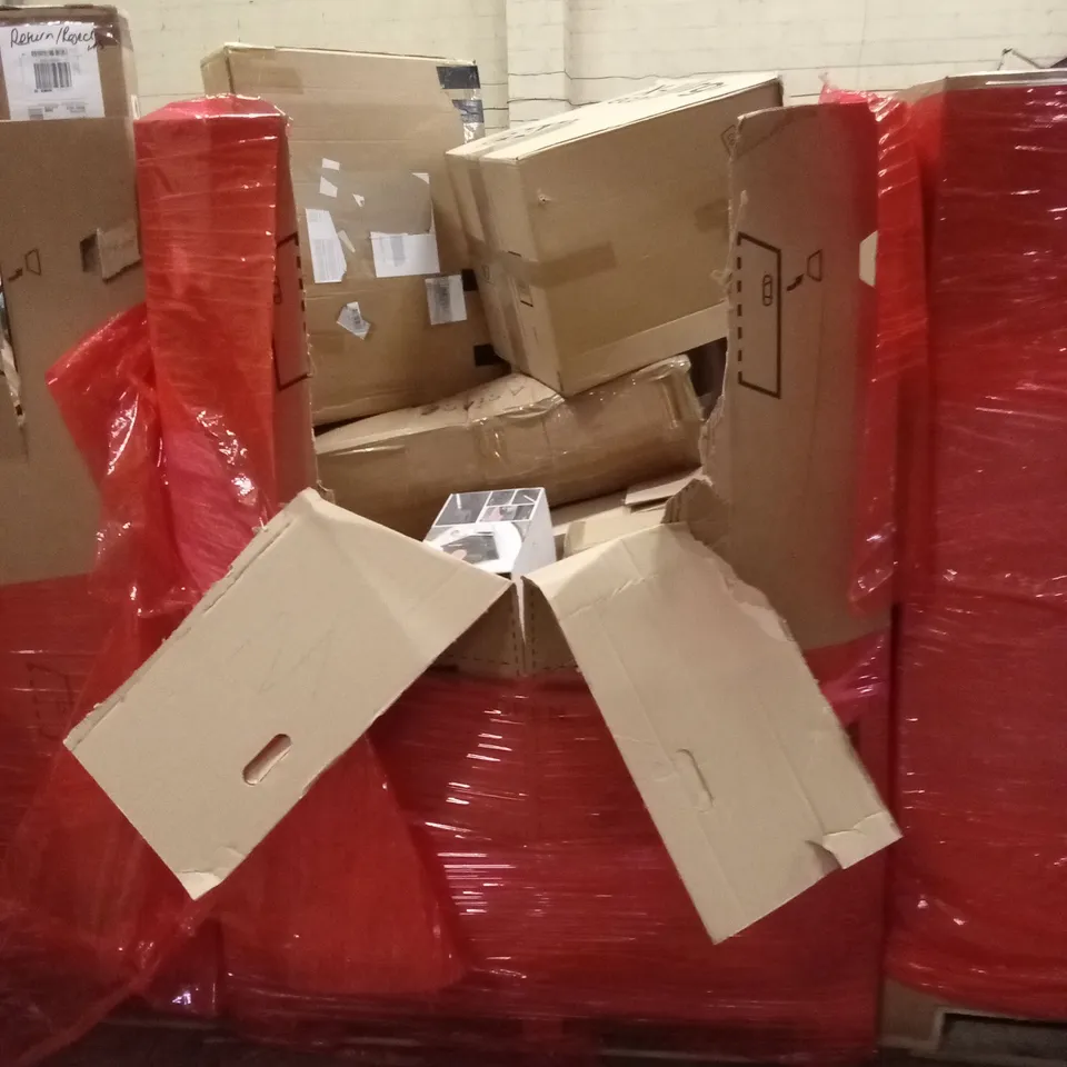 PALLET OF ASSORTED HOUSEHOLD GOODS AND PRODUCTS TO INCLUDE; WET FOOD FEEDER, 3D PRINTER, ESPRESSO MACHINE, SHELVES ETC