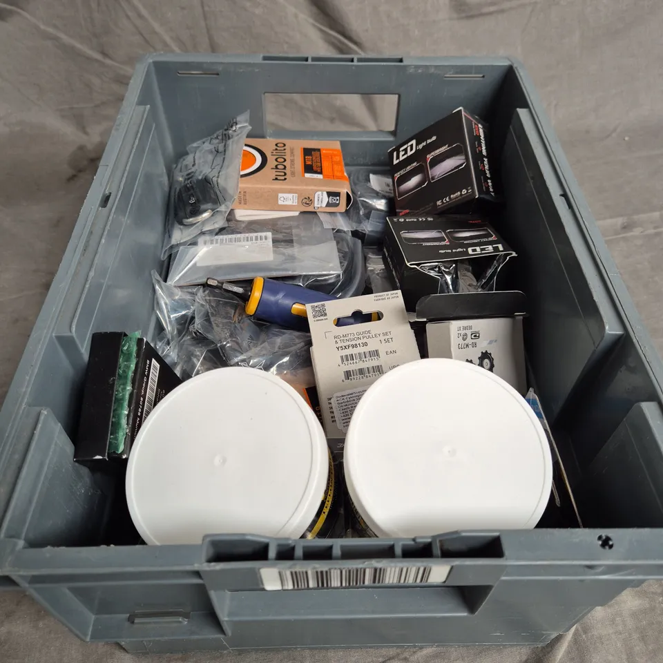TOTE OF APPROXIMATELY. 10 ASSORTED CAR ITEMS TO INCLUDE VELOX GREASE , BRAKE PADS AND PULLEY SETS  
