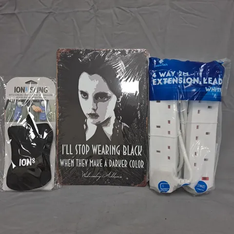 BOX OF APPROXIMATELY 10 ASSORTED HOUSEHOLD ITEMS TO INCLUDE WEDNESDAY METAL POSTER, EXTENSION LEAD IN WHITE, ETC - COLLECTION ONLY