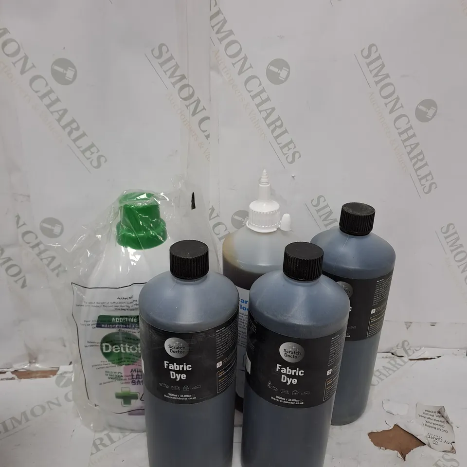 GROUP OF ASSORTED CLEANING ITEMS TOO INCLUDE FABRIC DYE , LAUNDRY SANITISER , CARAVAN FLOOR REPAIR KIT 