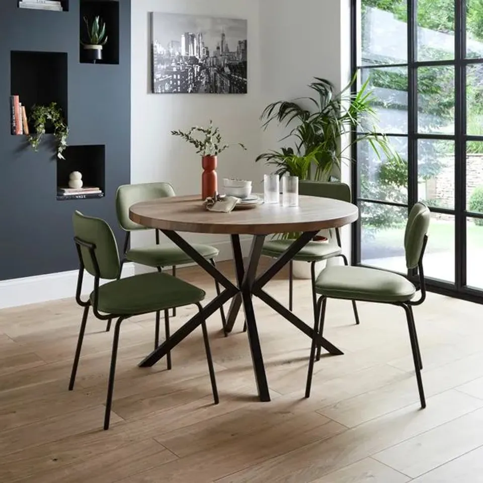 BOXED EZRA ROUND 4 SEATER DINING TABLE, RUSTIC WOOD EFFECT (1 BOX)