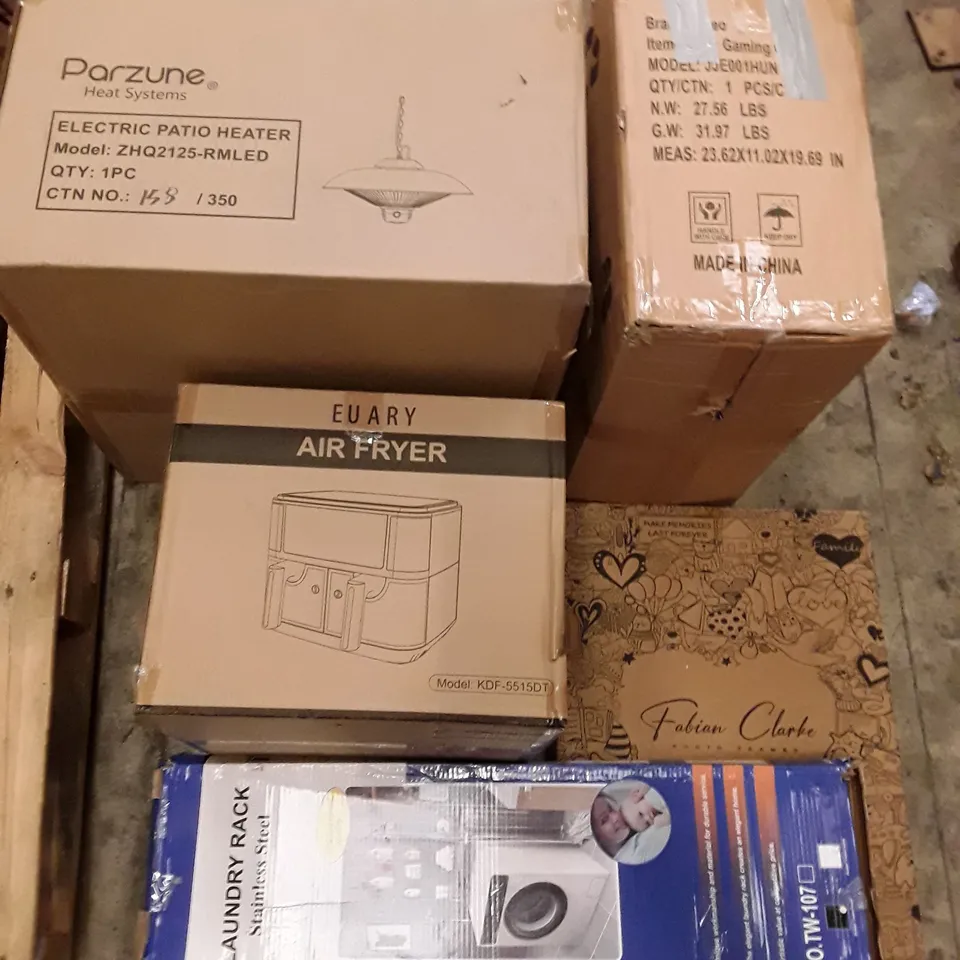 PALLET OF ASSORTED PRODUCTS INCLUDING ELECTRIC PATIO HEATER, GAMING CHAIR, AIR FRYER, FABIAN CLARKE PHOTO FRAME, LAUNDRY RACK