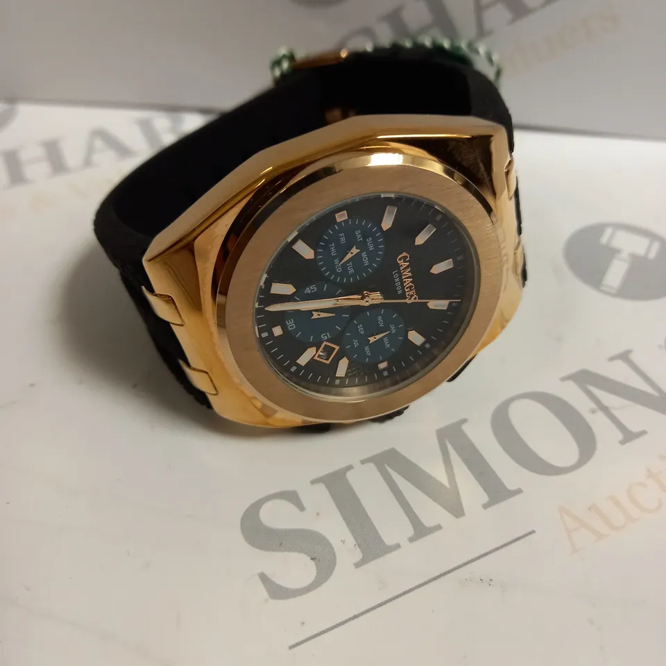 BOXED GAMAGES LONDON COMMANDER ROSE GOLD BLUE TEXTURED DIAL SILICONE STRAP WATCH