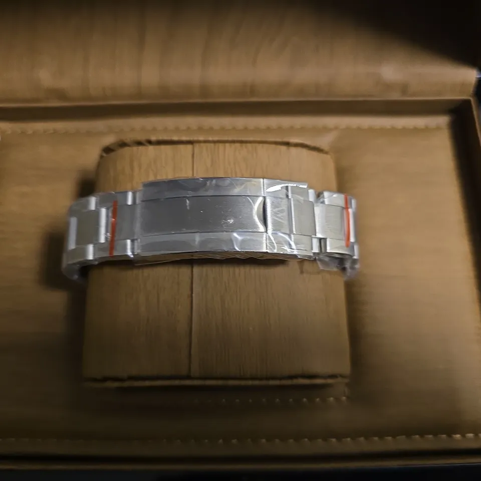 WILLIAM JOURDAIN ALL STAINLESS STEEL GENTS WATCH WITH BLACK DIAL AND WOODEN BOX