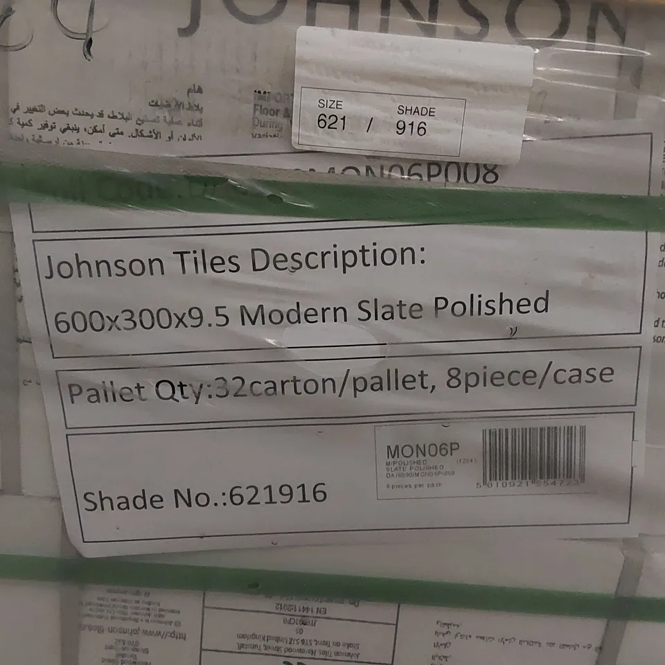 PALLET TO CONTAIN APPROX 32 X PACKS OF JOHNSON TILES MODERN SLATE POLISHED PORCELAIN FLOOR & WALL TILES - 8 TILES PER PACK // TILE SIZE: 600 X 300 X 9.5mm