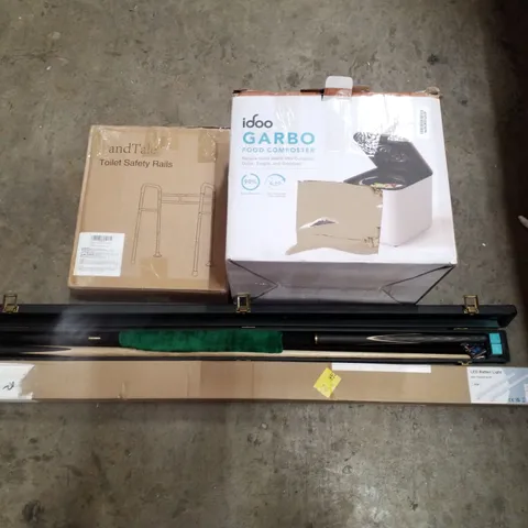 PALLET CONTAINING ASSORTED PRODUCTS INCLUDING FOOD COMPOSTER, TOILET SAFTEY RAILS, LED BATTEN LIGHT, SNOOKER CUE & MESH CHAIR