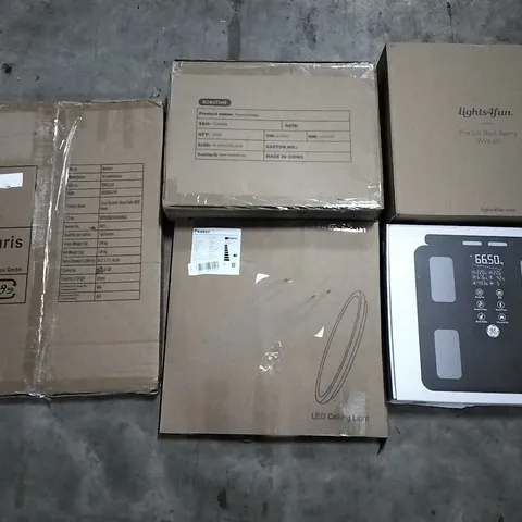 PALLET CONTAINING ASSORTED PRODUCTS INCLUDING PRE LIT RED BERRY WREATH, PLYWOOD SHEETS, LED CEILING LIGHT, ELECTRIC SCALE & LINEN BULLETIN BOARD