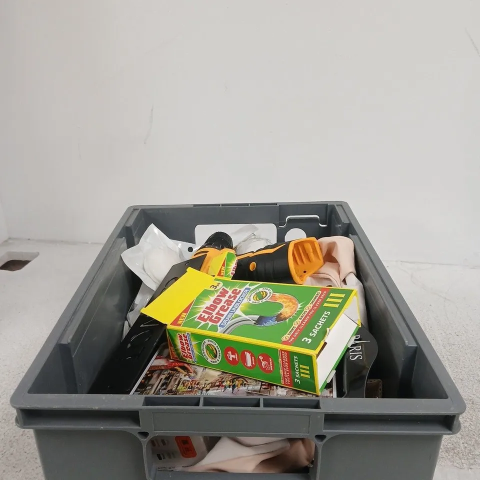 TOTE OF APPROXIMATELY 20 ASSORTED ITEMS TO INCLUDE PARIS TIN PLATE, PORTABLE FAN, ELBOW GREASE, FADAK WALT CORDLESS DRILL ETC