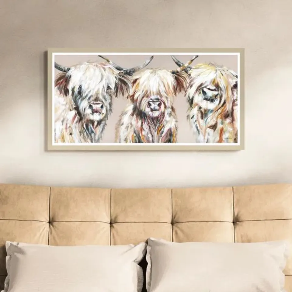 BOXED THE THREE AMIGOS GRANDE HIGHLAND COW FRAMED PRINT // SIZE: H 64.5cm X W 124.5cm