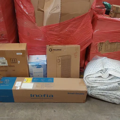 PALLET OF ASSORTED ITEMS INCLUDING: INOFIA SMALL DOUBLE MATTRESS, OIL FILLED RADIATOR, ALKALINE WATER COUNTERTOP UNIT, FIBERGLASS DUCT RODDER, LARGE RUG ECT