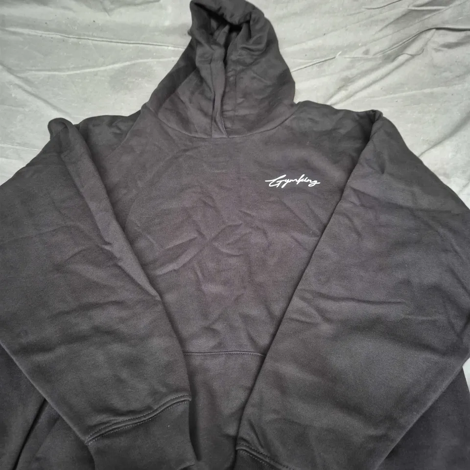GYMKING HOODED SWEATSHIRT – BLACK WITH WHITE LOGO ON CHEST SIZE 8