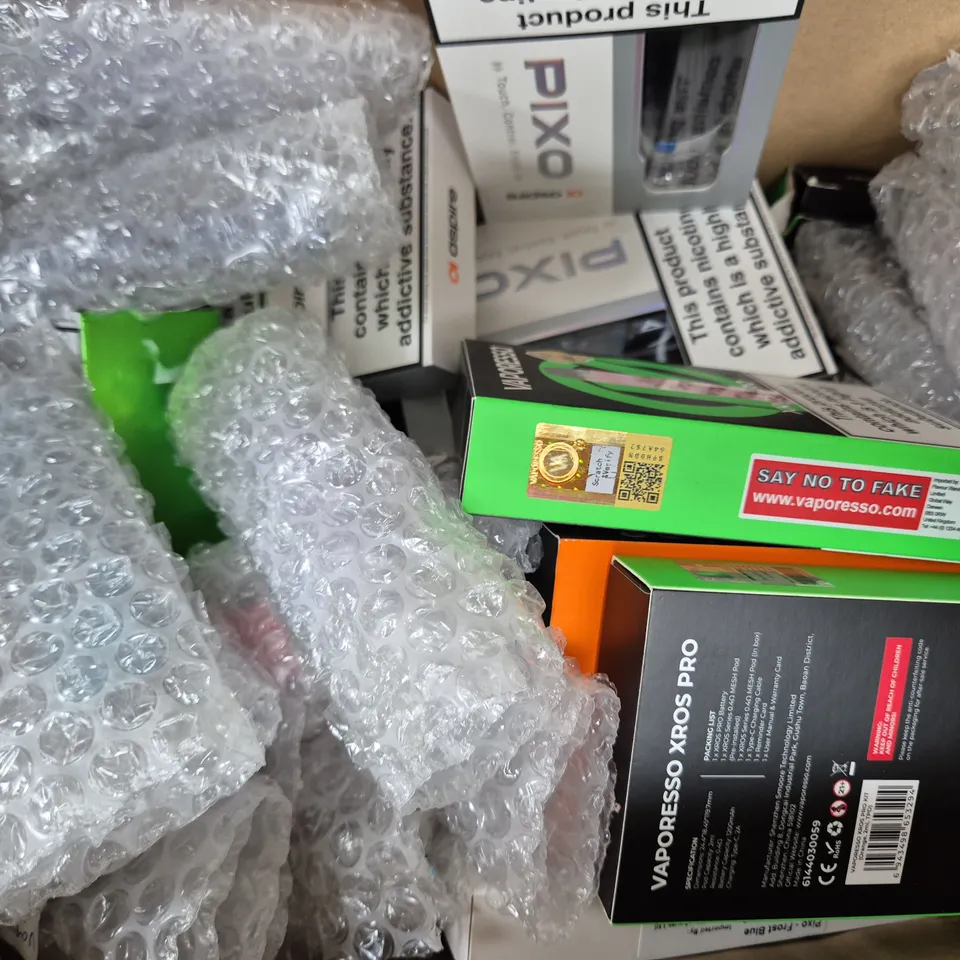 BOX OF APPROXIMATELY 20 ASSORTED VAPING ITEMS AND PRODUCTS TO INCLUDE VAPORESSO, ASPIRE, ETC