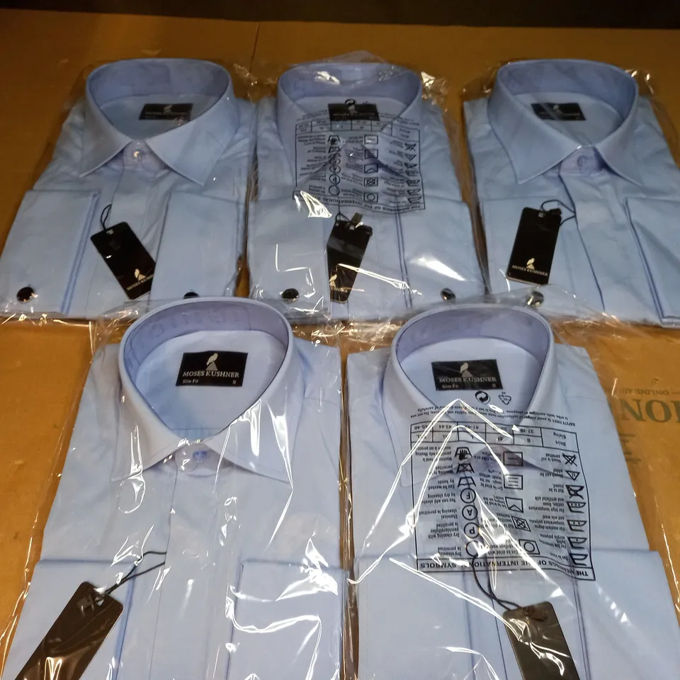 MOSES KUSHNER LOT OF 5 LONG SLEEVE SLIM FIT BUTTONED BLUE SHIRTS IN VARIOUS SIZES - 2 SMALL, 3 XL